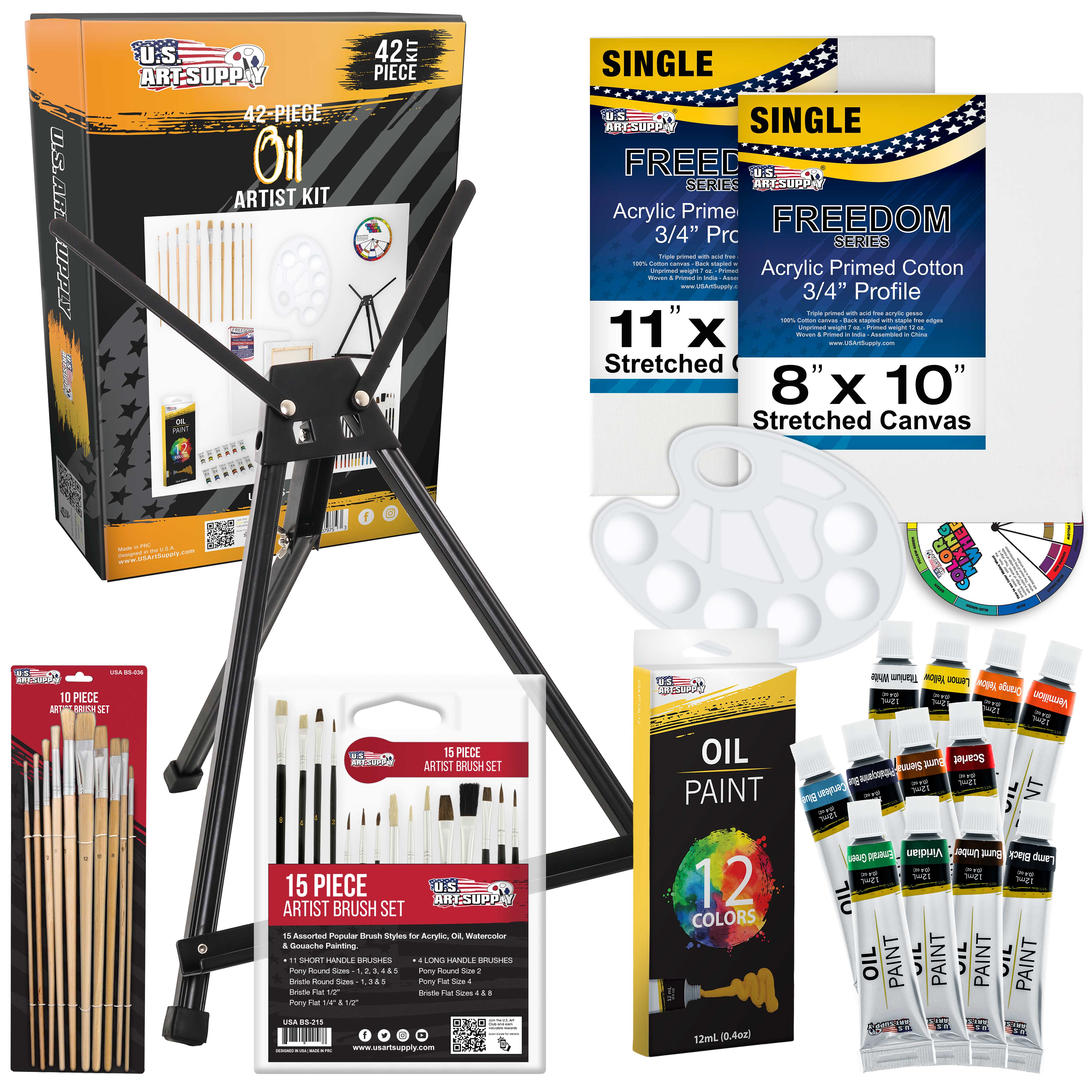 U.S. Art Supply 42-Piece Complete Artist Oil Painting Set with Easel - 12  Vivid Oil Paint Colors, 25 Brushes, 2 Stretched Canvases, Painting Palette  